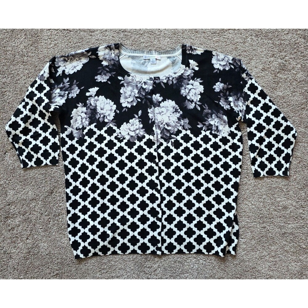 Isaac Mizrahi Cardigan Sweater L Floral Geometric Print 3/4 Sleeve Black A264683